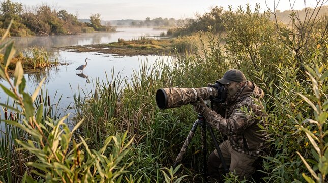 Wildlife photographer captures great blue heron in misty wetland at sunrise with camouflage gear and telephoto lens