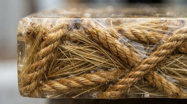 Closeup of natural jute twine wrapped around wooden block