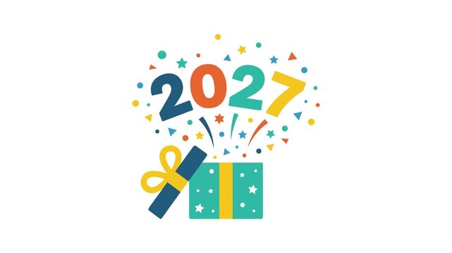 Happy New Year 2027 celebration with exploding gift box and colorful confetti and streamers