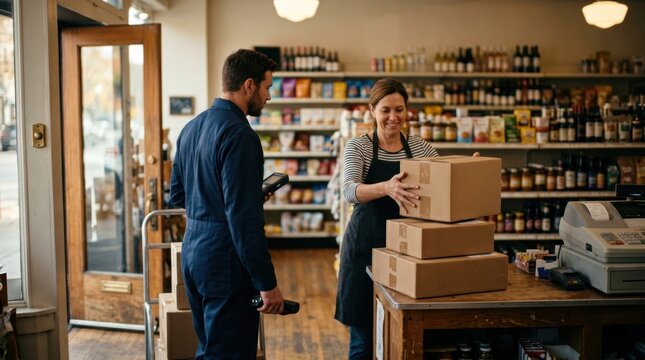 Delivered boxes stacked inside a corner store beside the register after a doorstep dropoff