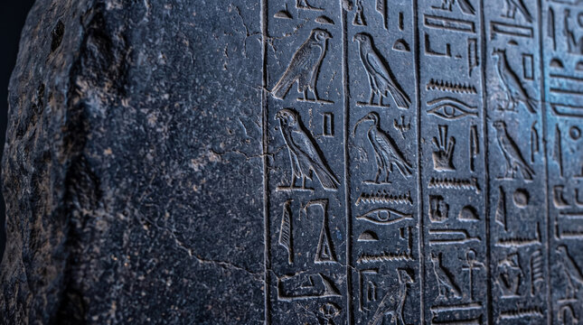 Close-up of carved hieroglyphs on a dark stone surface, showcasing ancient Egyptian symbols, representing history, culture, and mystery.