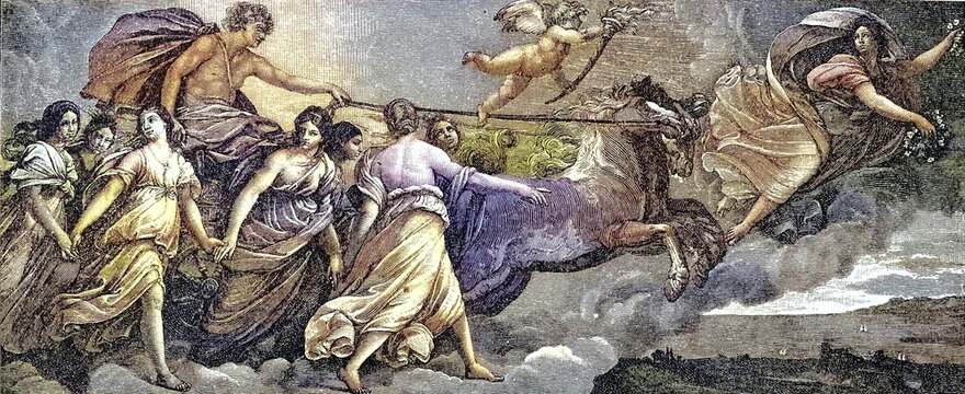 Scattering Flowers in Front of the Chariot of the Sun God, fresco by Guido Reni, 17th century, Historic, digital reproduction of an original 19th century original