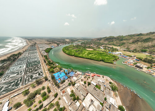 Aerial view of Cilacap Shrimp Farm featuring numerous aquaculture ponds situated along the riverbank near the coastline and a village in Nusawungu, Central Java, Indonesia.