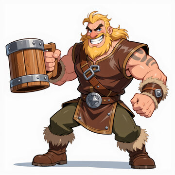 Viking man with massive wooden mug shows determination on white background.