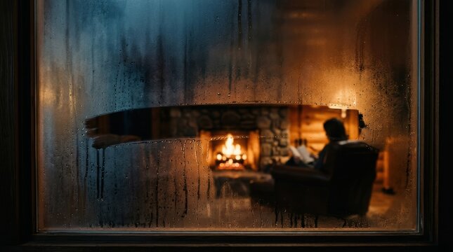 Cold window glass with condensation and a wiped stripe revealing warm amber light beyond