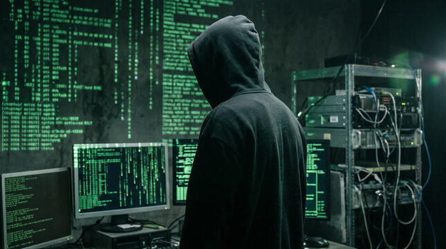 Hooded hacker standing in dark server room before green matrix code projections and computer monitors. Concept of hooded figure, cyber attack, cyber security, data breach, dark web.