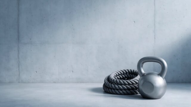 Kettlebell and coiled rope set against a gray wall for minimal strength training marketing.