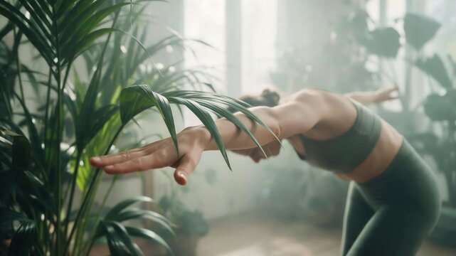 Athletic woman holding a deep backbend among lush tropical plants in soft misty light for wellness marketing.