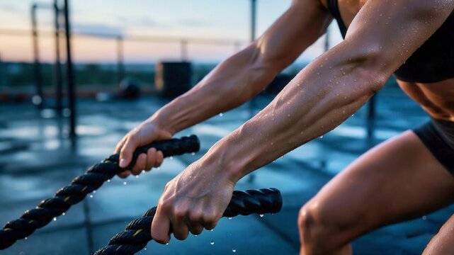 Close view of athletic hands gripping battle ropes outdoors at dusk for intense fitness training advertising.
