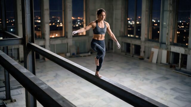 Athletic woman running along an elevated walkway at night with city lights for fitness lifestyle marketing.
