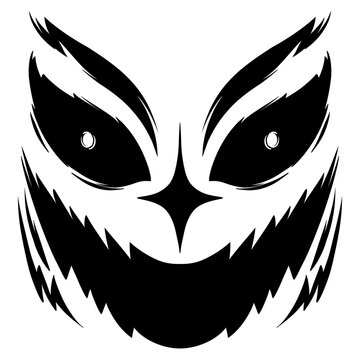Scary monster face illustration with sharp evil smile and glowing eyes for halloween decor and mascot design
