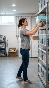 Home organization in basement with woman placing plastic storage bin on metal shelf for efficient decluttering and tidy living space management