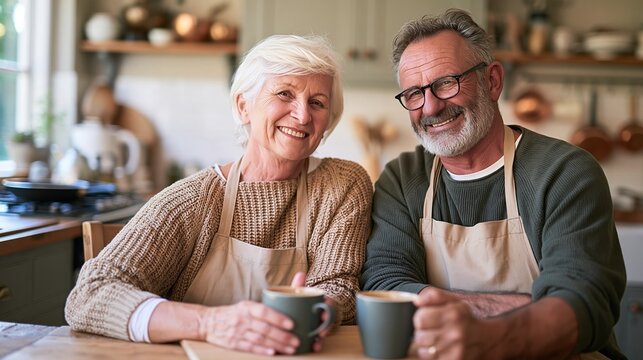 Smiling senior couple enjoying coffee together in a cozy home kitchen, capturing warmth and companionship