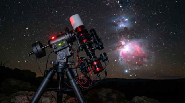 Astrophotography rig with tracking mount, parabolic reflector, cable bundle, and glowing nebular cloud against a dark night sky.