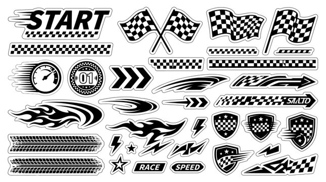 racing stripe vector set, racing flags, checkered patterns, speed lines, arrows, and start finish banners illustration, race element for motorsport designs, race graphics, vector art, and automotive