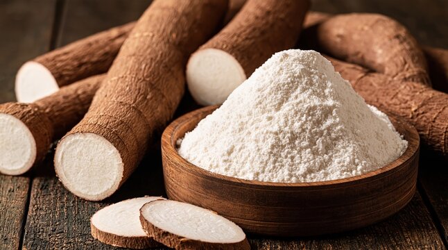 Heap of White Cassava Flour in Wooden Bowl with Raw Roots and Slices on Rustic Table