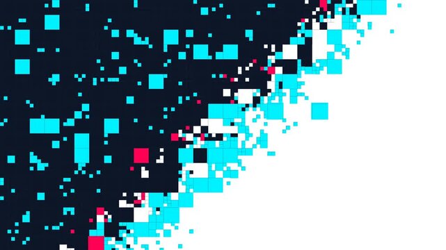 Premium 4K motion graphics transition featuring an abstract pixel block wipe, digital mosaic reveal, minimalist square dissolve, and retro 8-bit cyber overlay