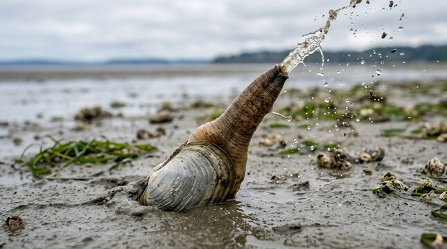 Dynamic action of a geoduck clam releasing a spray of water and sand from its long siphon on a muddy coastal shoreline under a cloudy overcast sky