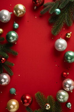 Merry Christmas flat lay with ornaments and fir branches on vertical red background for New Year