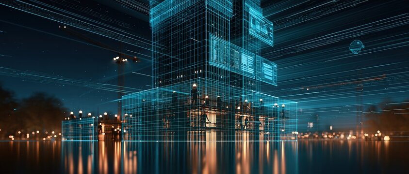 Futuristic Digital Cityscape with Neon Grid Overlay and Reflections at Night