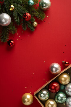 Merry Christmas ornaments and baubles with pine branches on red vertical background for Happy New Year