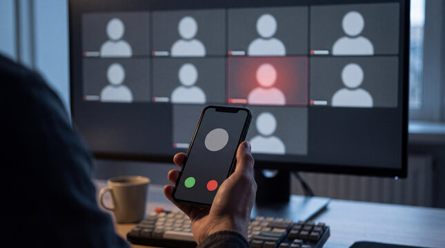 Deepfake video call fraud in a dark office with smartphone in hand