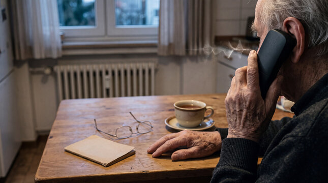 Senior on the phone at a kitchen table hinting at a voice cloning scam