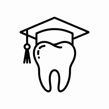 A minimalist black line art illustration of a tooth wearing a graduation cap on transparent background