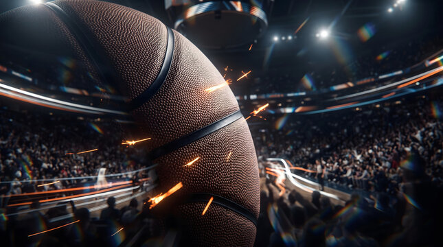 Low Angle Dutch-Tilt dynamic hero view of American basketball arena stadium competition tournament excitement hype