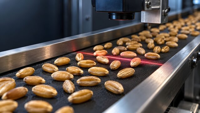 Automated optical sorting machine using laser scanning technology to inspect wheat grains on an industrial conveyor belt.
