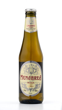 bottle of Menabrea La 150&deg; Bionda, a premium pale lager beer produced in Biella, Piedmont. Udine, Italy, October 19, 2026