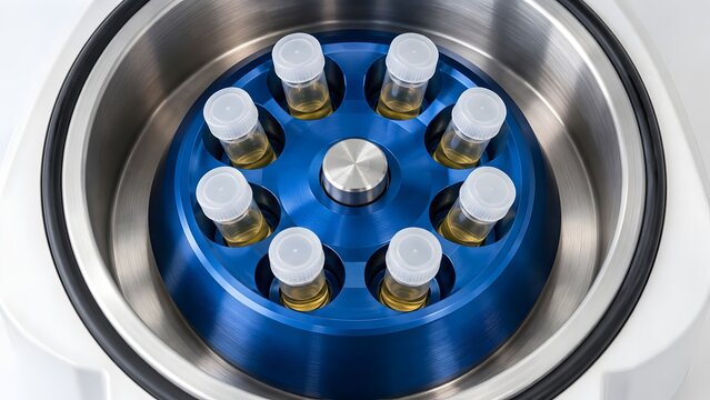 Top down view of a modern laboratory centrifuge machine separating yellow liquid samples in clear testing tubes.