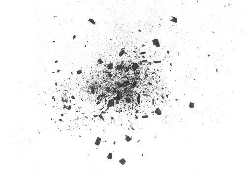 Black coal dust or fragments, isolated on a white background, top view. Coal particles. Scattered pieces of charcoal.