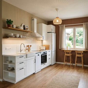 Modern white kitchen with farmhouse sink and breakfast bar natural light from window cozy and clean design