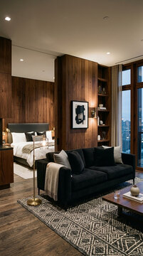 Modern Studio Apartment Interior Cozy Bedroom and Living Area with Dark Wood Accents