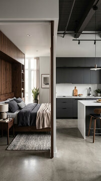 Modern Studio Apartment Interior Design Bedroom and Kitchen Fusion Minimalist Cozy Stylish Contemporary Home