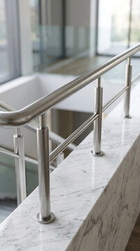 Modern Stainless Steel Handrail on Marble Ledge Interior Design Detail