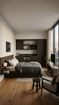 Modern Studio Apartment Interior with City View