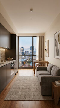 Modern Studio Apartment Interior with City View Living Room and Kitchenette
