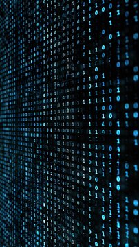 Abstract digital binary code stream on a dark background with blue glowing numbers, representing data and technology