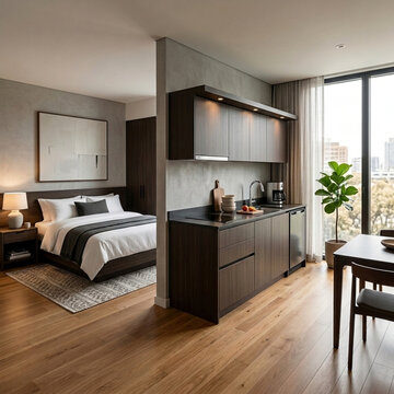 Modern Studio Apartment Interior with Integrated Kitchen Bedroom and Dining Area