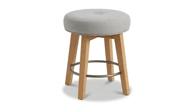 Modern Upholstered Swivel Bar Stool with Wooden Legs and Metal Footrest on White Background
