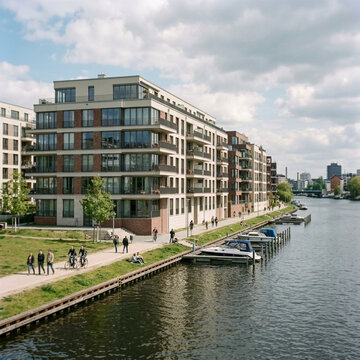 Modern Waterfront Apartment Buildings with River and Pedestrian Walkway