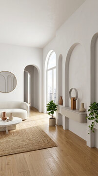 Modern white living room with arched doorways natural light plants and minimalist decor