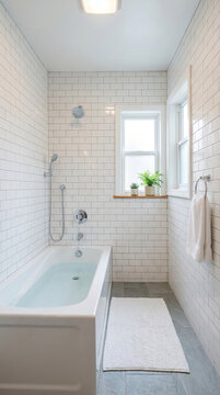 Modern White Subway Tile Bathroom with Bathtub and Window