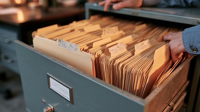Close-up of hands searching through old filing cabinet drawers filled with documents and folders