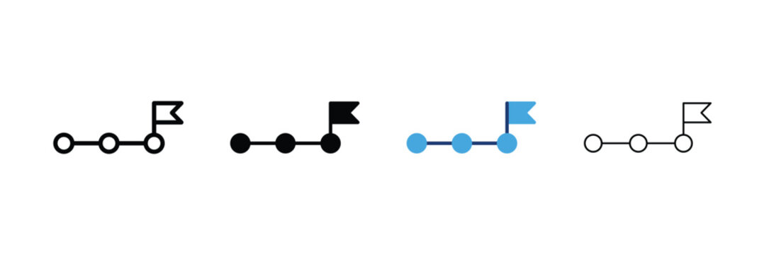 Attribution path icon set. Timeline milestone line with goal flag Icons. Outline, Glyph, two-tone and editable stroke vector illustration.
