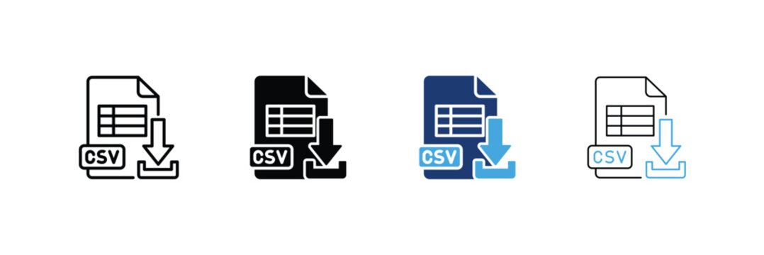 CSV export icon set. Spreadsheet document file with download arrow tray Icons. Outline, Glyph, two-tone and editable stroke vector illustration.