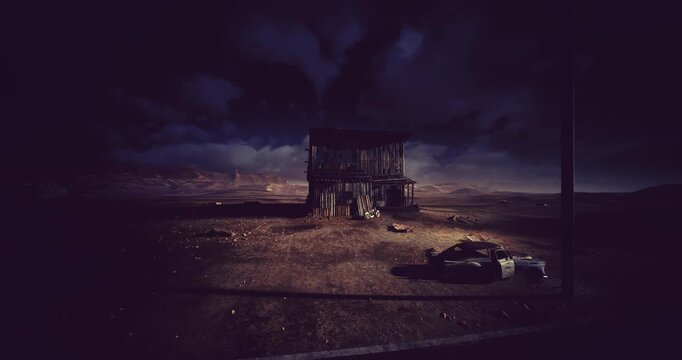 Remote night shelter, Secluded lodging illuminated by moonlight and shadows, Deserted cabin on roadside with lamp casting dark shadows onto gravel surface