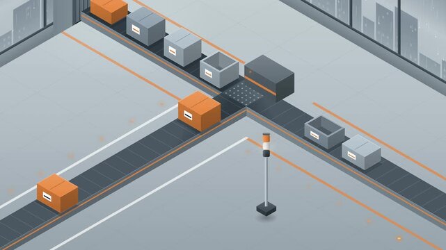 Isometric Automated Conveyor Belt Crate Diverter in Smart Logistics Warehouse